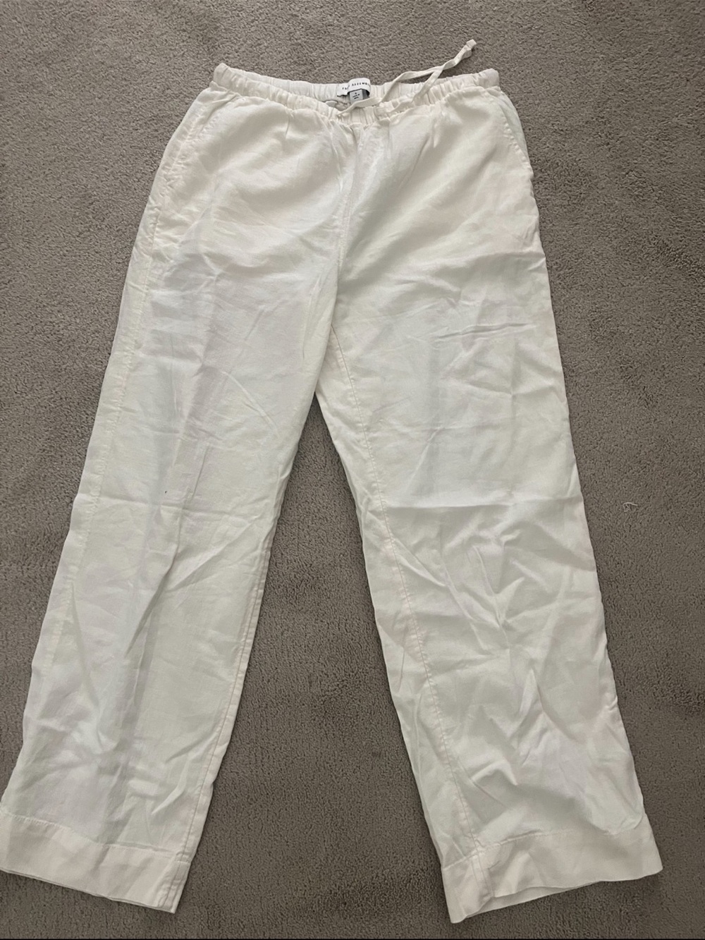 Women's White Wide-Leg Linen Blend Drawstring Pants small
